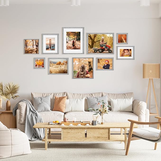 KINLINK A4 Picture Frame, Grey Solid Wood Frames with Acrylic Plexiglass for Pictures A5 with Mat or A4 without Mat, Tabletop and Wall Display Photo Frame 4 Pack