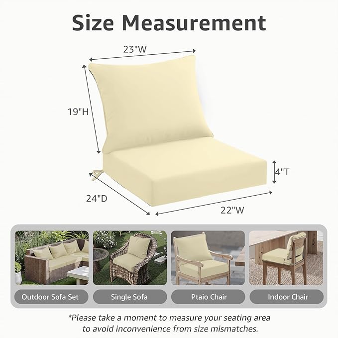 PatioGlow Outdoor Seat Cushion Set 22 x 24 x 4 Inch, Waterproof & Fade Resistant Patio Furniture Cushions with Removable Cover and Ties, Thick Deep Seating Pads for Outside Chair Sofa Couch, Yellow