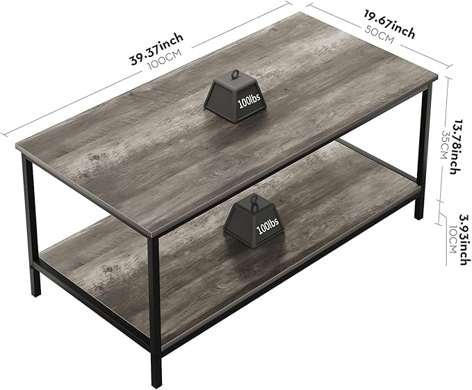 SAYGOER 2-Tier Coffee Table for Living Room Farmhouse Style Center Table with Storage Shelf Rectangle Wood Table for Large or Small Spaces Apartment Home Office, Easy Assembly Gray Wash
