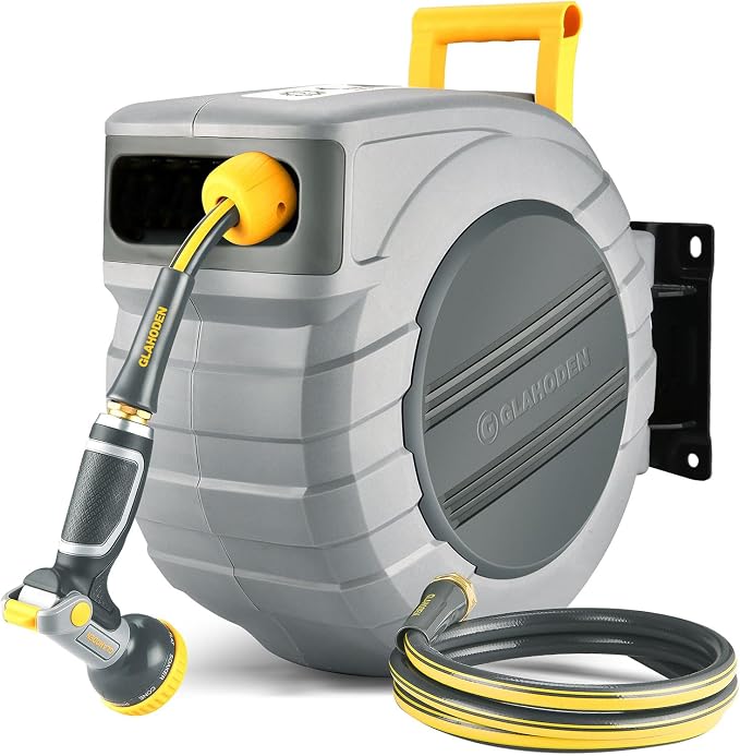GLAHODEN Retractable Garden Hose Reel 5/8 in x 115 ft with Metal Bracket, 2025 Upgraded Dual Ratchet Lock UV & Freeze Protection Brass Seal Slow Retraction Anti-Tangle Hose 180Swivel