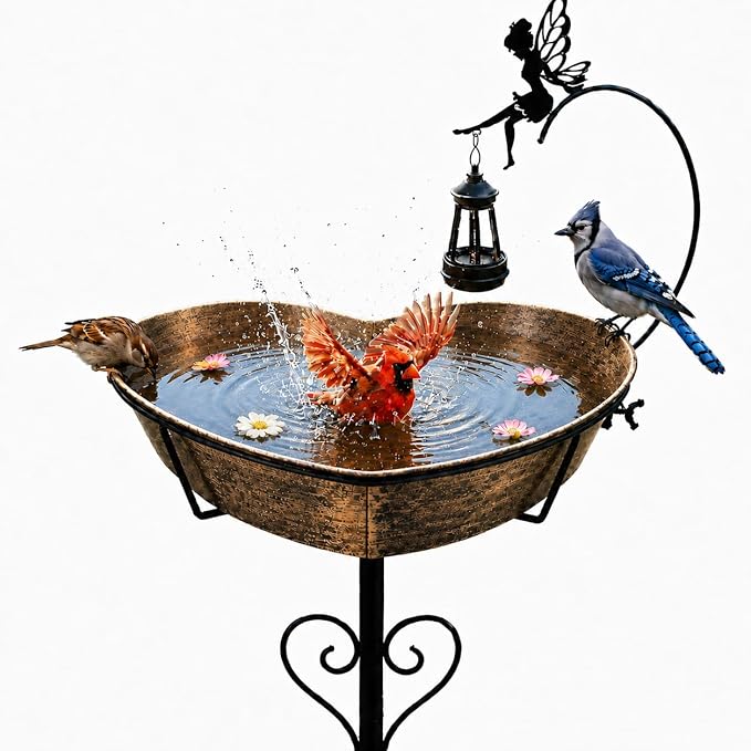 Goodeco Heart Bird Bath Stake for Outside - 135 fl oz Large Metal Birdbath with Solar Lantern and Fairy Garden & Patio Decor for Yard, Ideal Gifts for Bird Lovers, Romantic Mom's Present