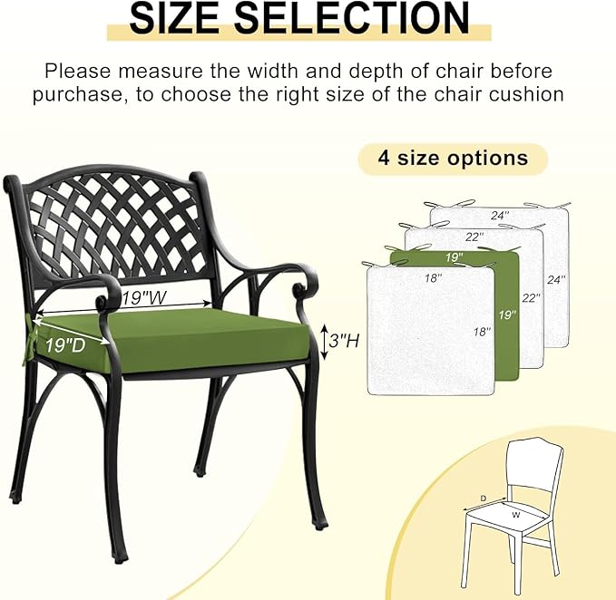 downluxe Waterproof Outdoor Chair Cushions Set of 2, 19" x 19" x 3" Patio Chair Cushion with Non-Slip Ties & Handle, Square Outdoor Cushion for Patio Furniture with Removable Cover, Grass Green