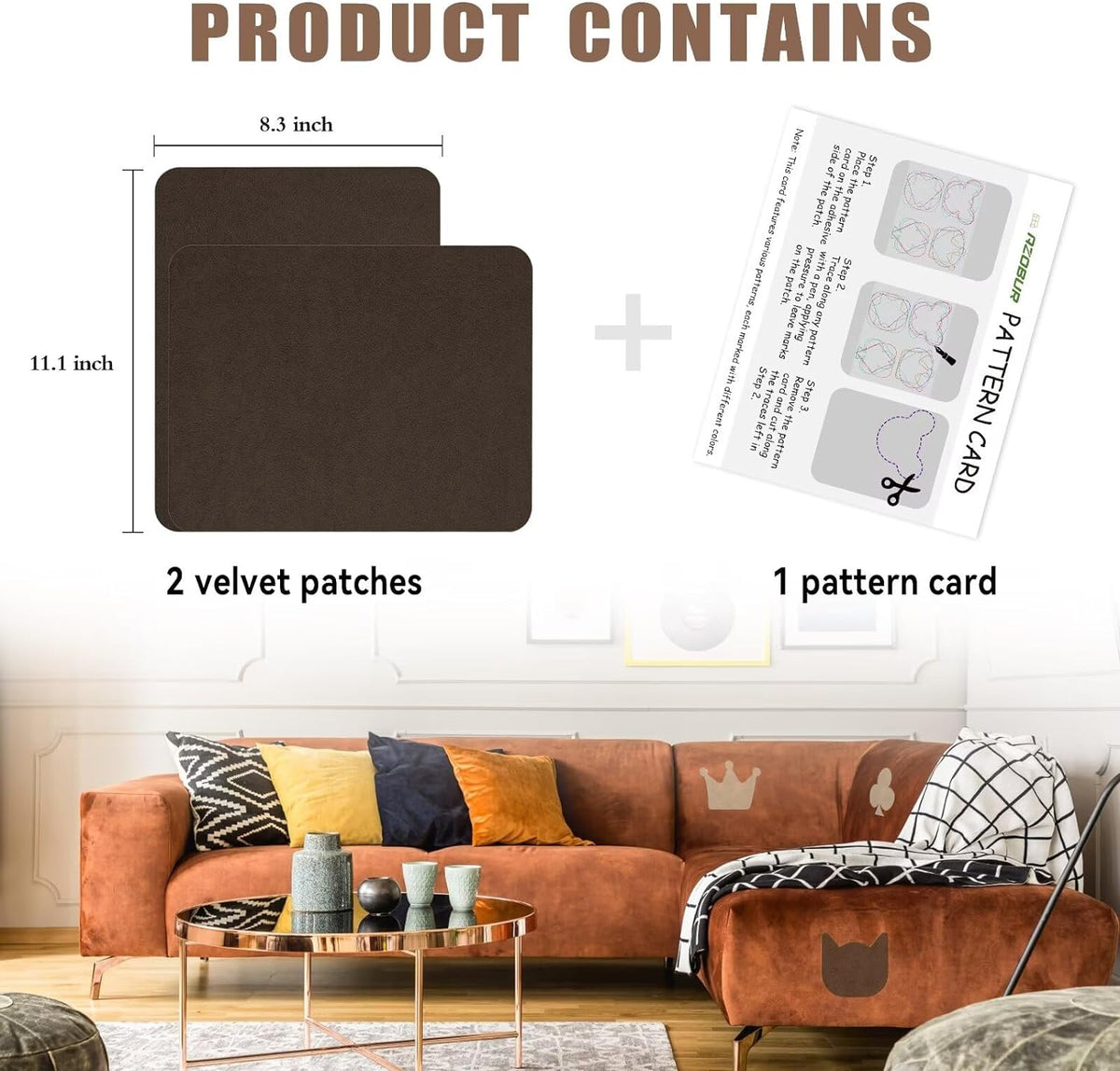 Azobur Fabric Couch Repair Patch 8.3 x 11 inches,Self-Adhesive Fabric Repair Patch for Furniture,Handbag,Sofa,Car Seats-(Dark Brown)