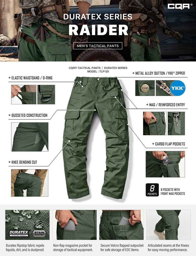 CQR Men's Tactical Pants, Water Resistant Ripstop Cargo Pants, Lightweight EDC Work Hiking Pants, Outdoor Apparel, Raider Mag Green Kelp, 34W x 34L