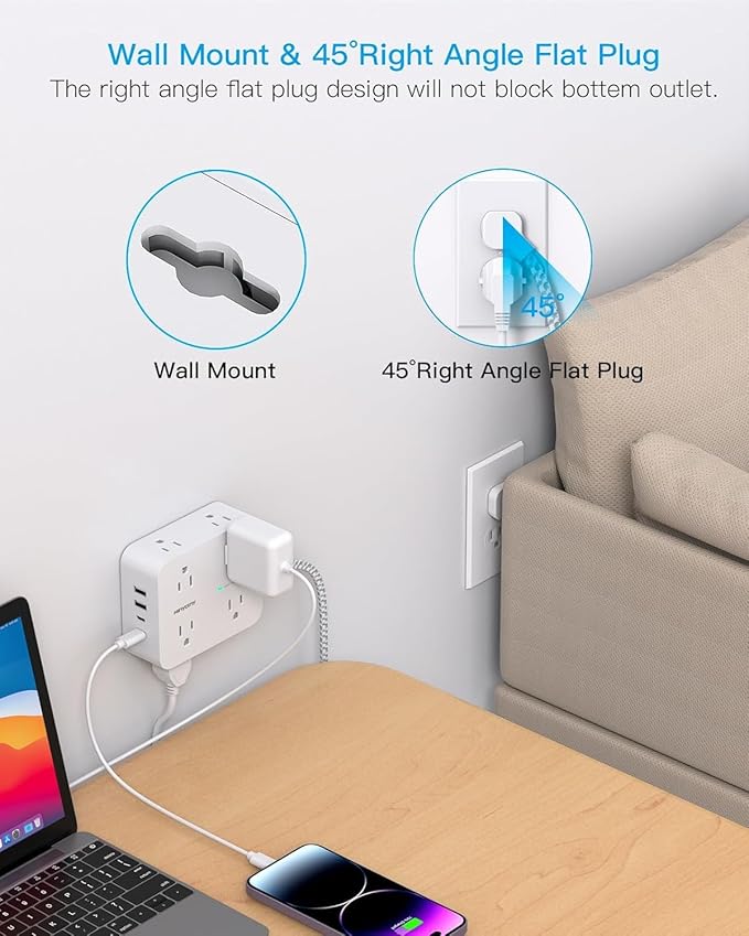 Extension Cord 15 Ft, HANYCONY 1080J Surge Protector Power Strip Long Cord with 8 AC Outlets and 4 USB Ports (2 USB-C), Wall Mount, Desk Charging Station for Home Office College Dorm Room Essentials