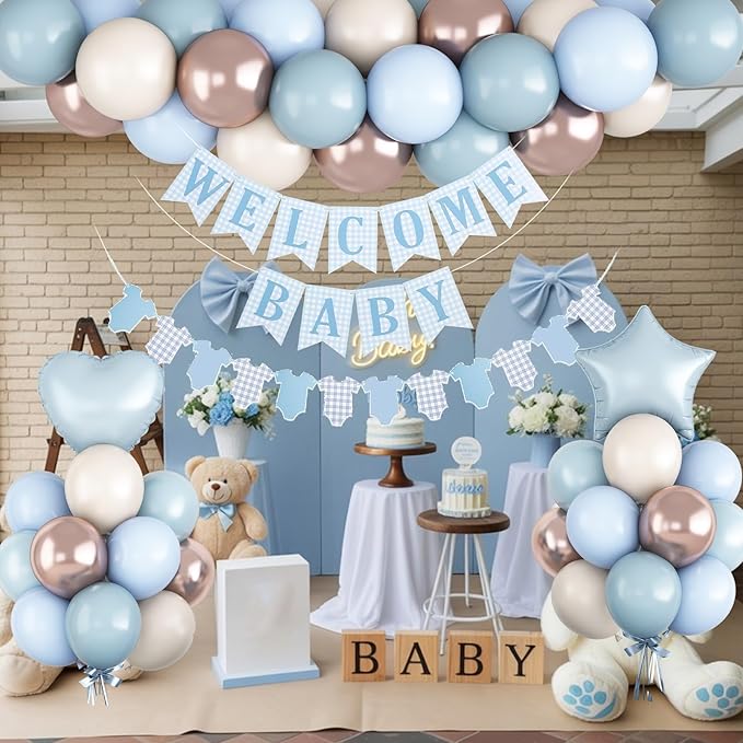 Dusty Blue Baby Shower Decorations Oh Welcome Baby Boys Balloon Set with Star Heart Foil Balloons Bunting Banner Bodysuit Garland Boho Pastel Blue Gold White Sand Gender Reveal Party Decor for Girls