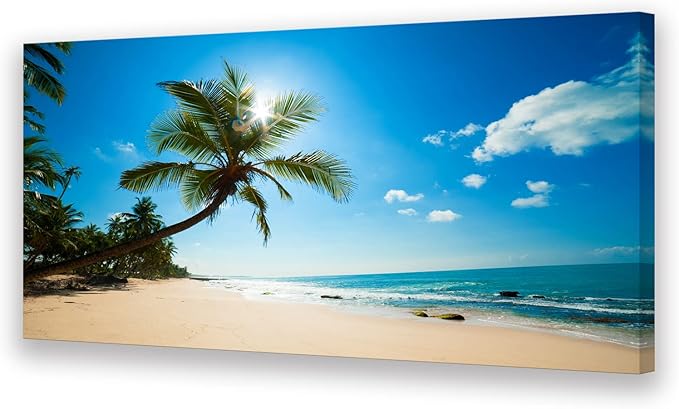 Muolunna X0675 Large Canvas Wall Art Summer Ocean Waves Prints Coconut Trees Beach Seascape Painting Hawaii Sea Nature Pictures Stretched and Framed for Living Room Home Office Wall Decor Artwork, 30x60inch x1pcs