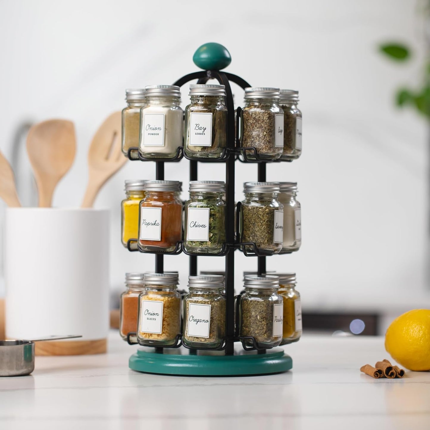 Orii Adrinova 24 Jar Revolving Spice Rack with Spices Included, Spice Organizer for Kitchen Countertop, Black & Green