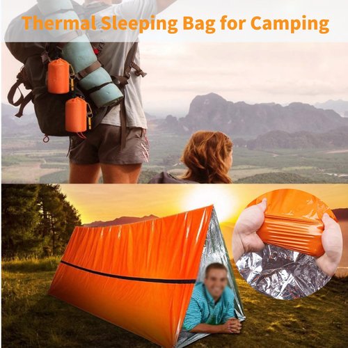 Emergency Sleeping Bag with Whistle, Portable Emergency Survival Bag, Lightweight Pocket Size Emergency Sleeping Bag, Waterproof Thermal Bivy Sack for Camping, Hiking (6)