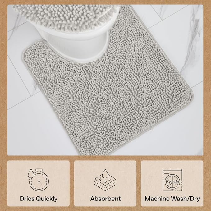 GORILLA GRIP Plush Absorbent Shaggy Chenille Bath Rug Mat for Oval Toilet Base with Rubber Backing, Machine Washable Rugs, Soft Microfiber Contour Mats for Toilets, Bathroom Decor, Lt Gray