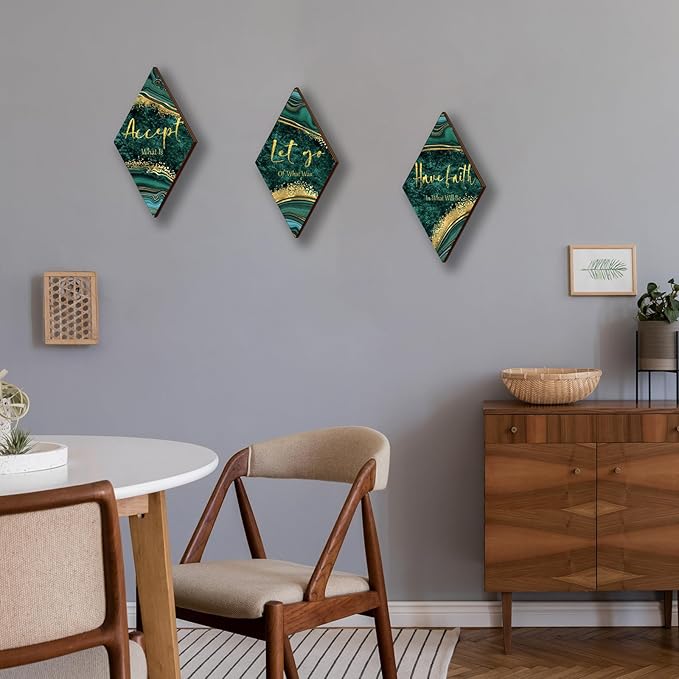 3Pcs Green Gold Bathroom Decor Green Gold Wall Decor with Accept Let Go Have Faith Quote Rustic Vintage Farmhouse Wooden Hanging Signs for Home Laundry Living Bedroom(12x7 inch)