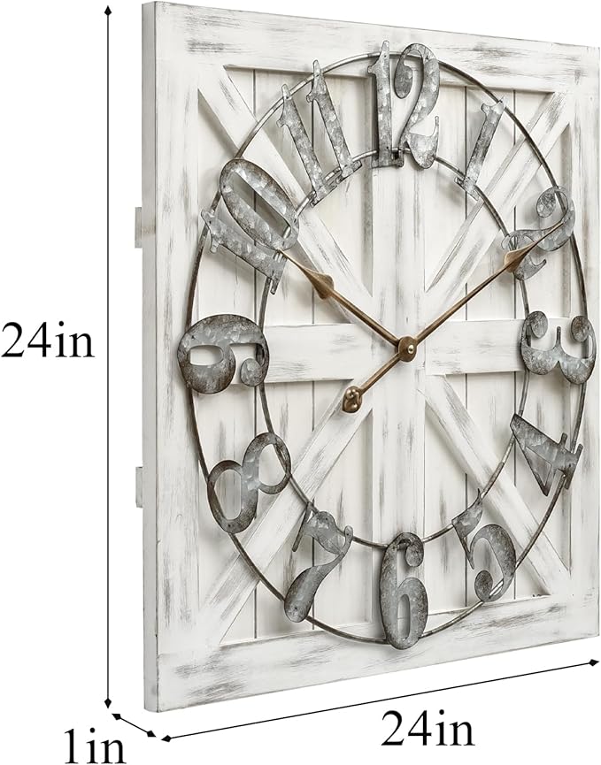 EMAX HOME Large Farmhouse Wall Clock – 24 Inch White Square Rustic Wooden Clock