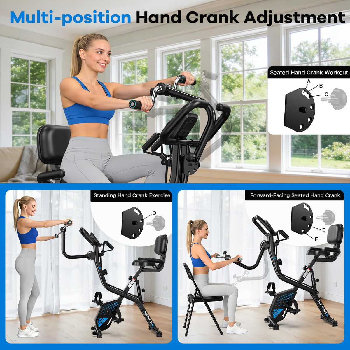 pooboo Folding Exercise Bike, Foldable Upright Stationary Bike, Indoor Cycling Magnetic X-Bike with 8-Level Adjustable Resistance, 6.6 LBS Flywheel, 300LB Capacity, Back Support Cushion for Home Gym