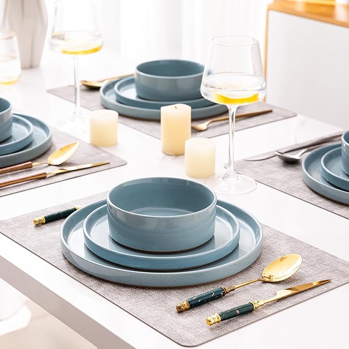 AmorArc Ceramic Dinnerware Set for 6 | Speckled Stoneware Plates and Bowls with Rustic Terracotta Underside| Scratch Resistant,Dishwasher & Microwave Safe Dishes Sets- 18pcs Blue