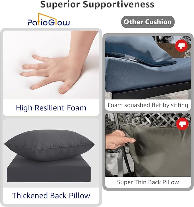 PatioGlow Outdoor Seat Cushion Set 24 x 24 x 4 Inch, Waterproof & Fade Resistant Patio Furniture Cushions with Removable Cover and Ties, Thick Deep Seating Pads for Outside Chair Sofa Couch, Grey