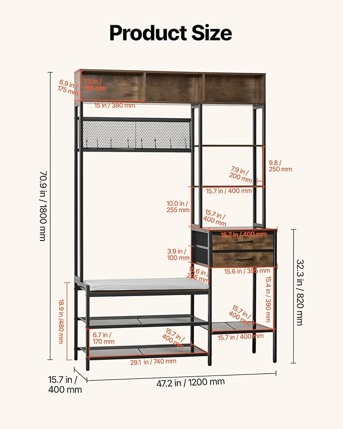 VEVOR Hall Tree with Bench and Shoe Storage, Entryway Bench with Coat Rack, 2 Drawers, 3 Storage Cubbies, 3 Open Shelves, Coat Hooks with Soft Cushion for Entryway, Hallway