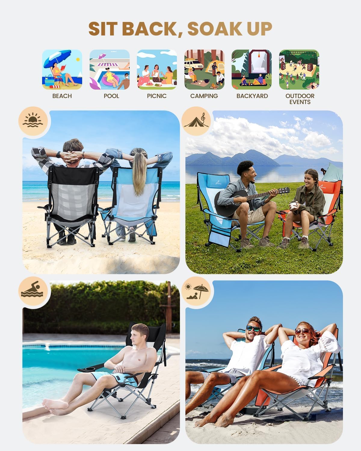 Sportneer Portable Beach Chair - Reclining Position with Cup Holder & Side Pocket | Compact Folding Design for Camping & Festivals