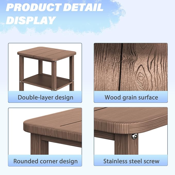 Ayge 17.7" Double Outdoor Side Table, Rectangular HDPE Adirondack End Table for Patio, Lawn, Pool, Garden, Backyard，Brown