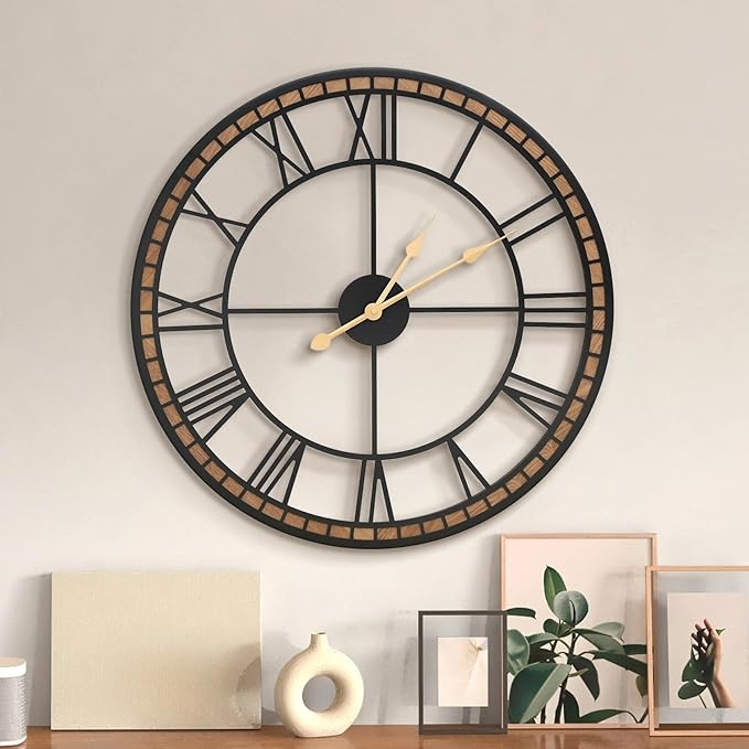 Micasso Large Farmhouse Wall Clock: 24 inch Modern Metal Black