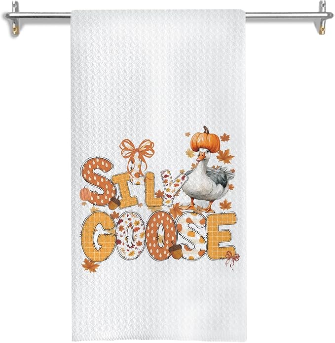 Funny Goose Fall Kitchen Towels, Goose Lover Gifts Dish Tea Towels for Kitchen Decor, Retro Autumn Farm Animal Geese Decorative Hand Towel for Bathroom, 16x24 Inches
