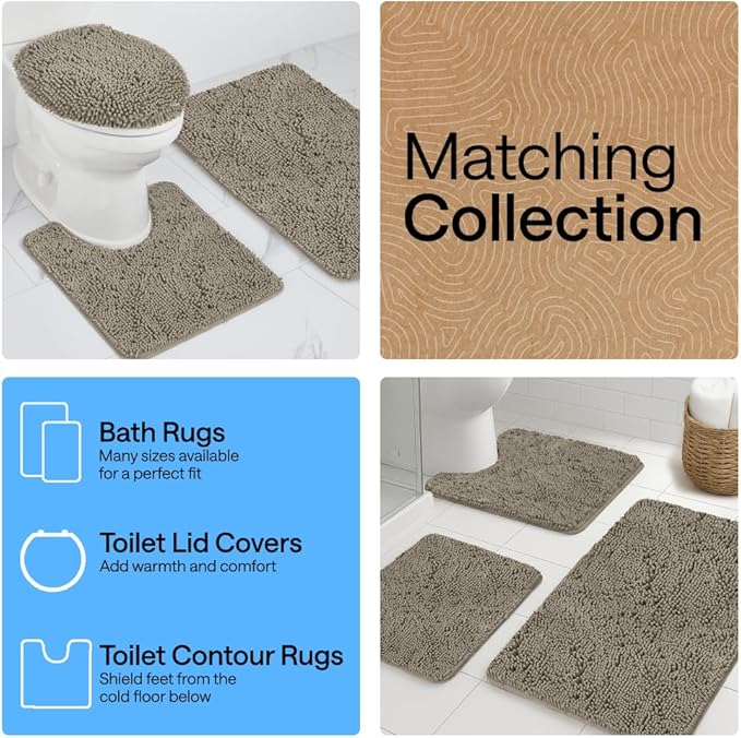 GORILLA GRIP Plush Absorbent Shaggy Chenille Bath Rug Mat for Square Toilet Base with Rubber Backing, Machine Washable Rugs, Soft Microfiber Contour Mats for Toilets, Bathroom Decor, Latte
