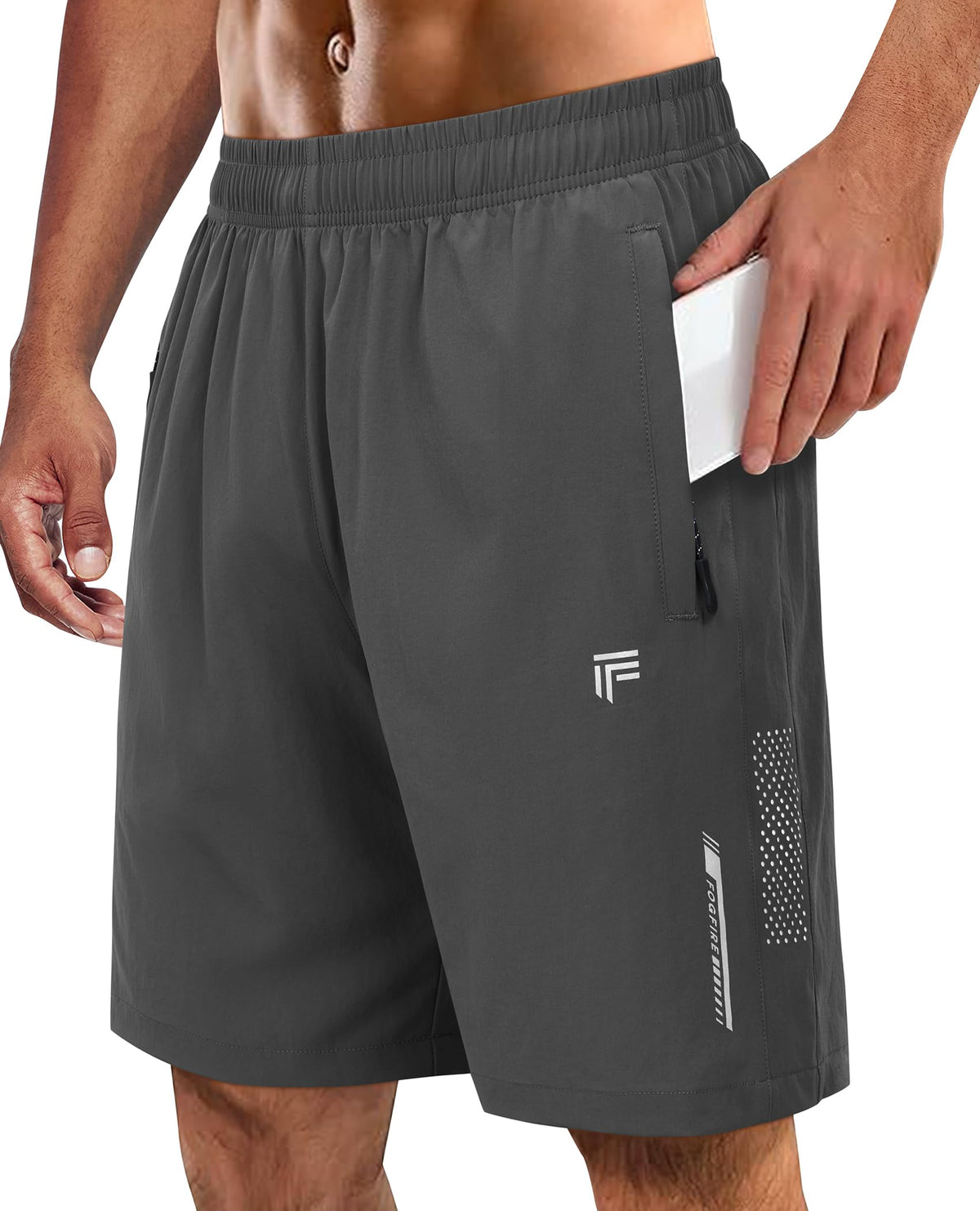 FOGFIRE Men's Athletic Running Shorts with Zipper Pockets Quick Dry Drawstring 7" Gym Shorts for Basketball Workout Jogging-Dark Grey