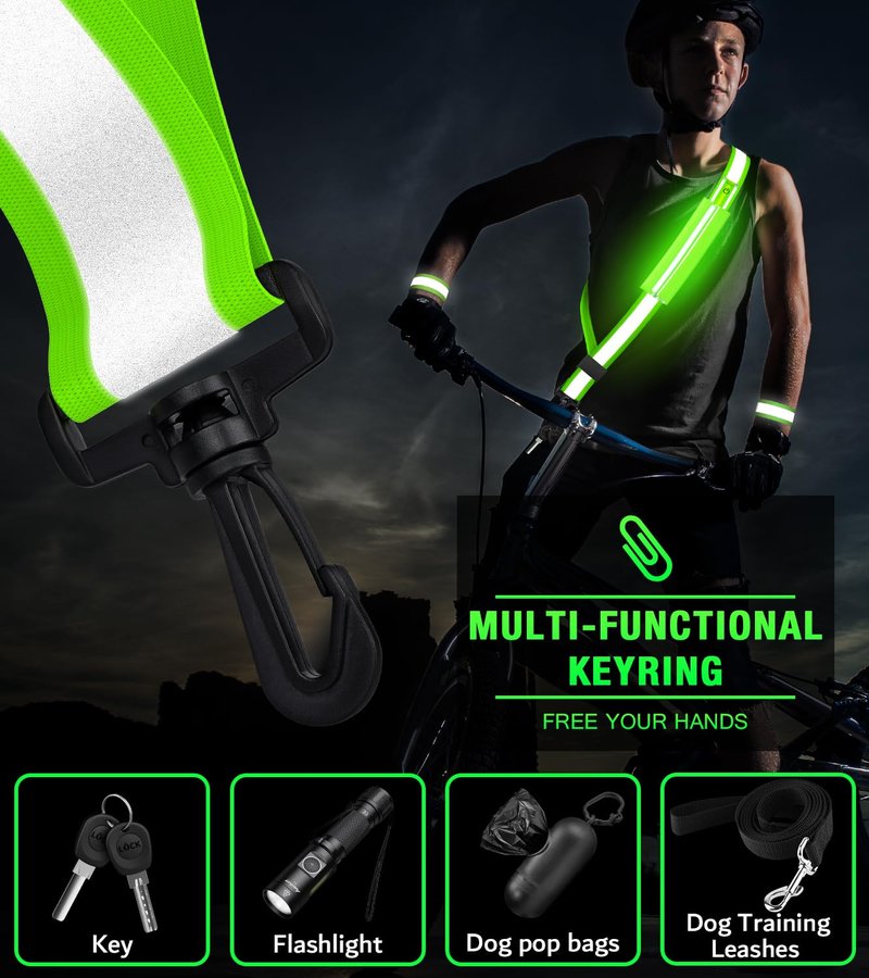 LED Belt Reflective Sash for Walking at Night,High Visibility Adjustable Night Running Safety Gear,Light Up Running Belt Reflective Gear with Phone Bag/Armband for Runners Walkers Men Women (Green)