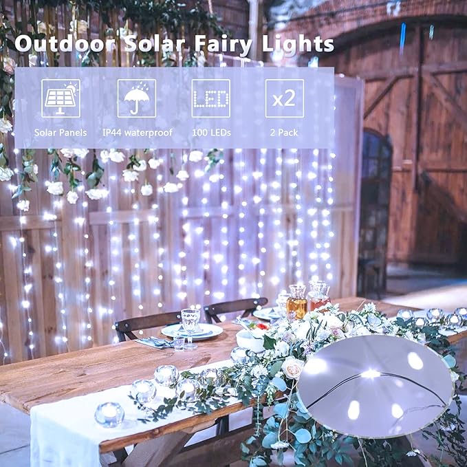 JMEXSUSS 2 Pack Solar String Lights Outdoor Waterproof, Each 33FT 100 LED Solar Fairy Lights Outdoor, 8 Modes White Christmas Light for Outside Yard Tree Patio Garden Wedding Christmas Decorations