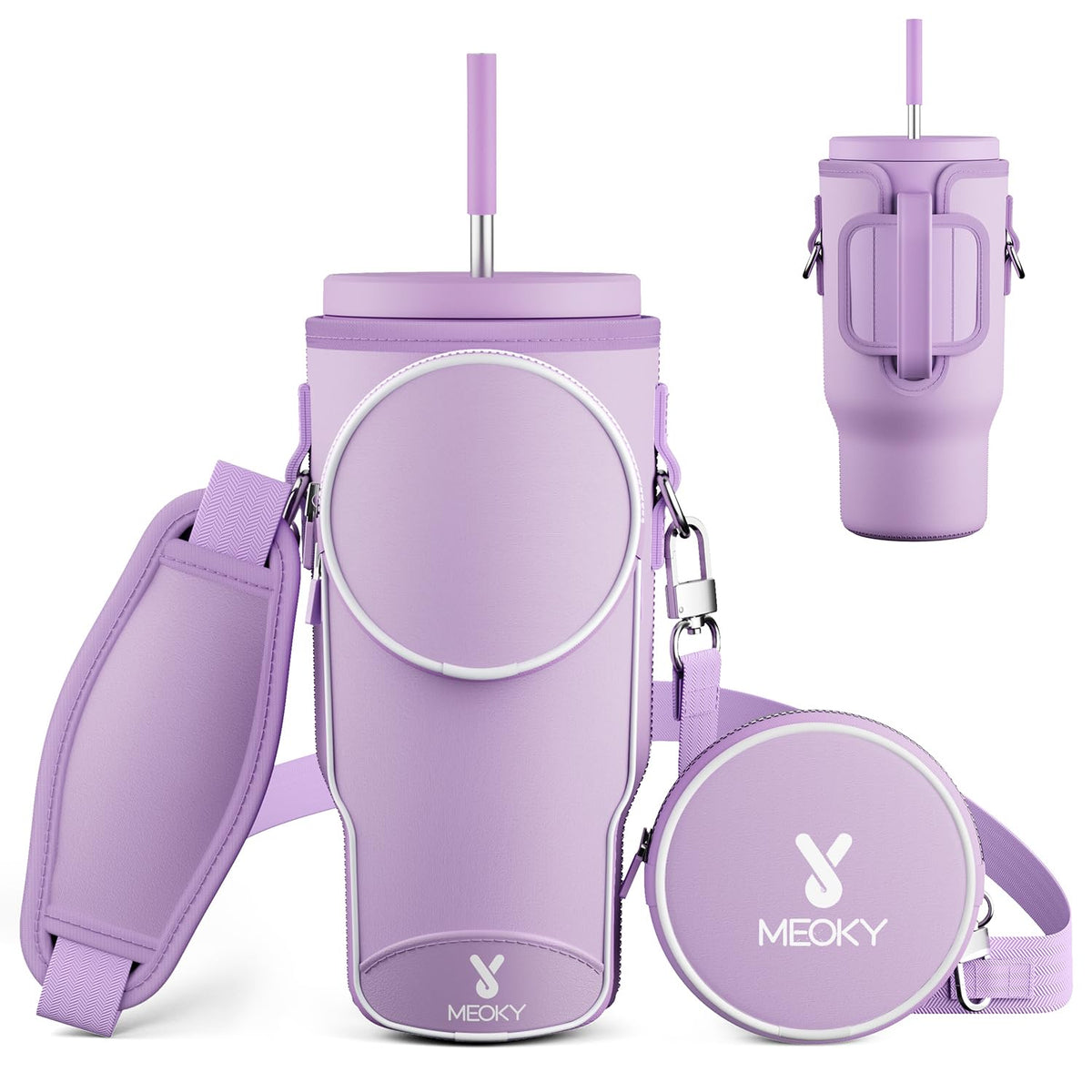 Meoky Water Bottle Carrier Bag with Phone Pocket for 40 oz Tumbler with Handle, Neoprene Water Bottle Holder Pouch with Adjustable Strap, 2 Carabiner Clips (Lilac)
