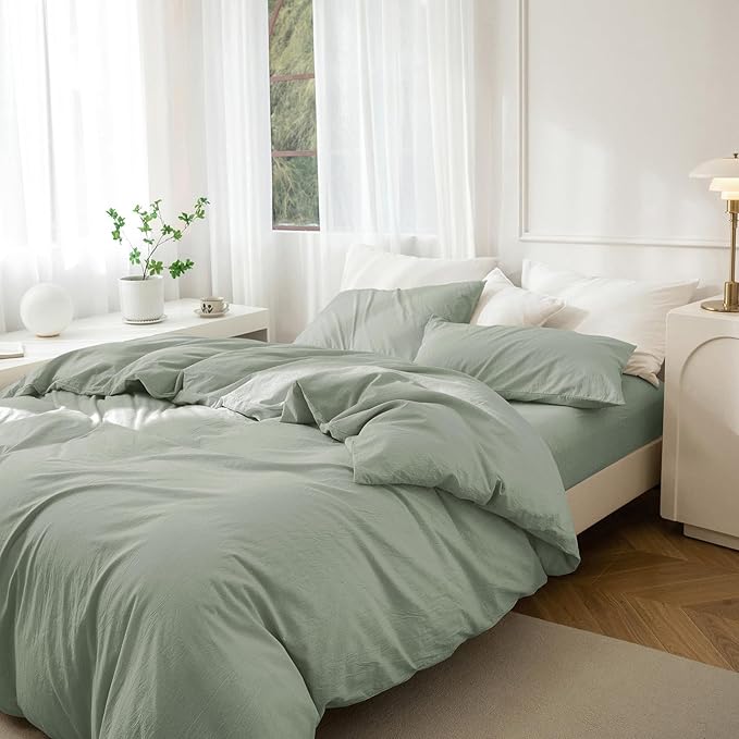JIYUAN 100% Washed Cotton Duvet Cover Set 3 Pieces Queen, 1 Duvet Cover 90x90 Inches(Comforter Not Included) and 2 Pillowcases,Linen Feel Bedding Set Comfy and Breathable, Heathered Sage Green