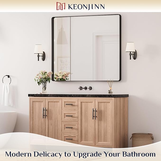 Keonjinn Black Bathroom Mirror for Over Sink, 42 x 36 Inch Large Rounded
