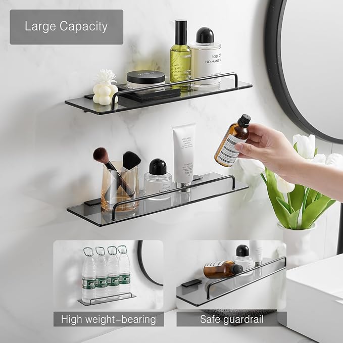 Voldra Glass Shelf for Bathroom, 2 Pack Adhesive Shower Shelves for Inside