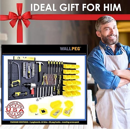 WallPeg Pegboard Kit - 4 Each 24"x16" Peg Board Panels - Made in USA - Mounted Size is 64" x 24" Pegboards Wall Organizer for Walls Home, Garage Tool Storage, Office Organization, Kitchen, Craft Room