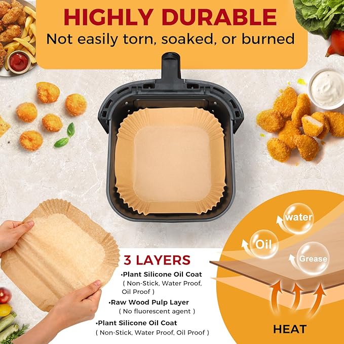 Air Fryer Liners Disposable - 500Pcs 8In Square Parchment Paper for Air Fryer Non-Stick Airfryer Basket Liners for Steamer Microwave Oven