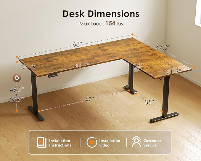 OffiGo 63 Inch Reversible L Shaped Electric Standing Desk, Height Adjustable Corner Stand up Desk, Ergonomic Large Lift Computer Table for Home, Office, Workstation, Rustic Brown