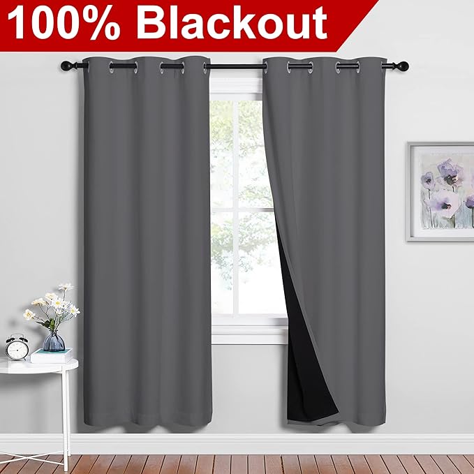 NICETOWN Grey Full Shade Curtain Panels, Pair of Energy Smart & Noise Blocking