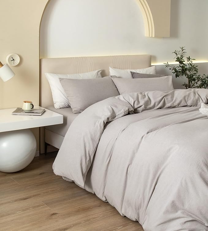 JIYUAN 100% Washed Cotton Duvet Cover Set 3 Pieces Super Queen, 1 Duvet Cover 90x98 Inches(Comforter Not Included) and 2 Pillowcases,Linen Feel Bedding Set Comfy and Breathable, Heathered Cream Grey