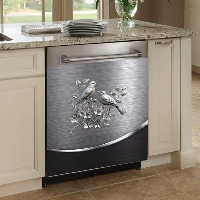 Grey Metal Silver Pattern,Dishwasher Cover Sheet, Magnetic Bird Flower Polishing Steelbird Dishwasher Skin Decor, Silver Texture, 23X17 INCH Magnet Rerigerator Wrap, Kitchen Panel Full Decal