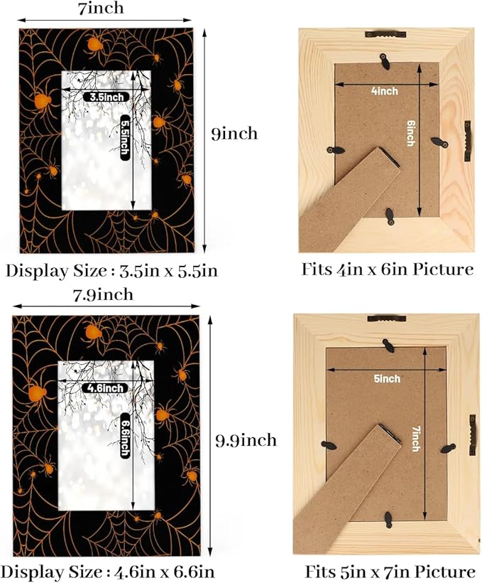 Tavisto Halloween Themed 5x7 Picture Frame Spooky Spider Web Wooden Photo Frames for Tabletop Display Wall Mounting Fits 5x7 Pictures Home Office Decor