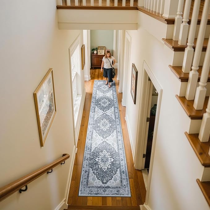 Area Rugs 2'x10' Runner Rug Non Slip Washable for Kitchen Hallway Bedroom Beside Laundry Room Bathroom Rug, Floor Carpet, Light Gray Grey White