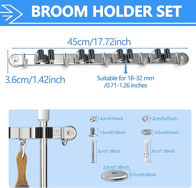 3-H Magnetic Broom Holder Wall Mount 1 Pack, 2-in-1 Dual Mount (No Drill or Screw Fix), 304 Stainless Steel Heavy Duty Magnet Mop Broom Organizer for Kitchen Garden Garage(4 Racks & 5 Hooks,Silver)