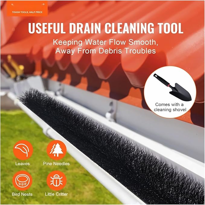 Gutter Brush 30ft, 4.33in Gutter Cleaning Tools, Gutter Guard for 5 Inch Gutters, Leaf & Debris Blocker, DIY Installation, 10 Pack