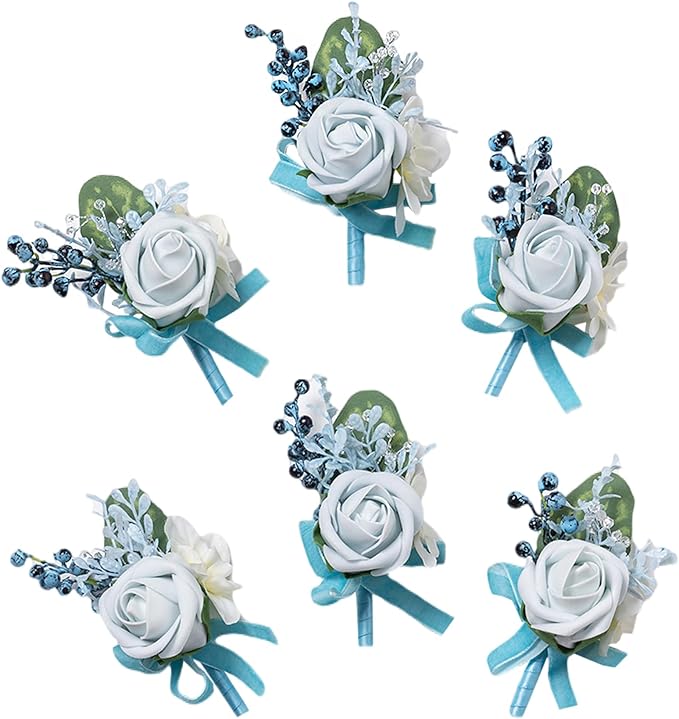 Meldel Blue Boutonniere for Men Wedding, Set of 6, Best Man Groom Groomsmen Boutonniere, Men Boutonnieres for Wedding Prom Party Homecoming Graduation