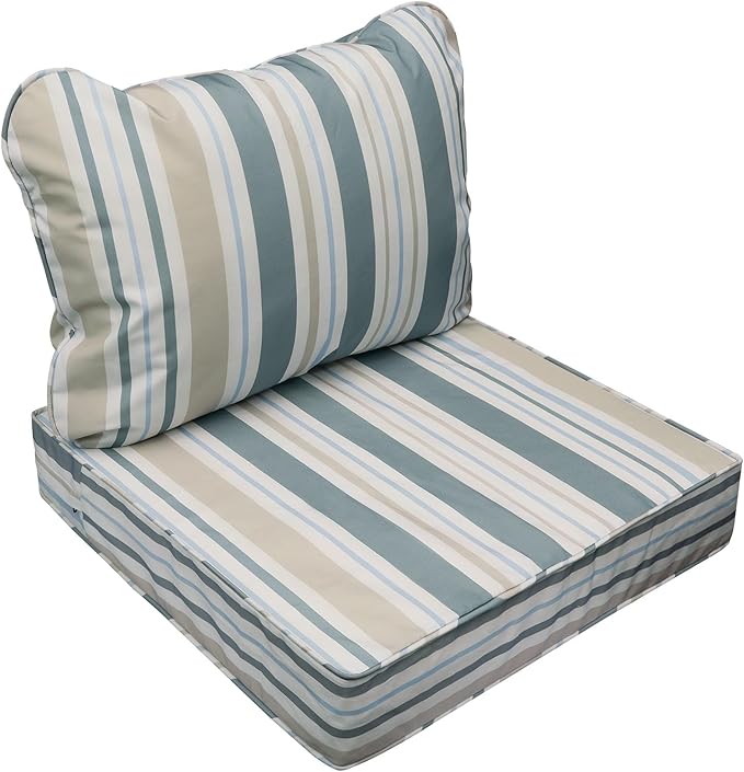 AAAAAcessories Outdoor Seat Cushions for Chairs, Fade-Resistant, Waterproof Patio Furniture Replacement Cushions, 20" x 18" x 3" + 20" x 17", Slate Gray Blue Coastal Stripe