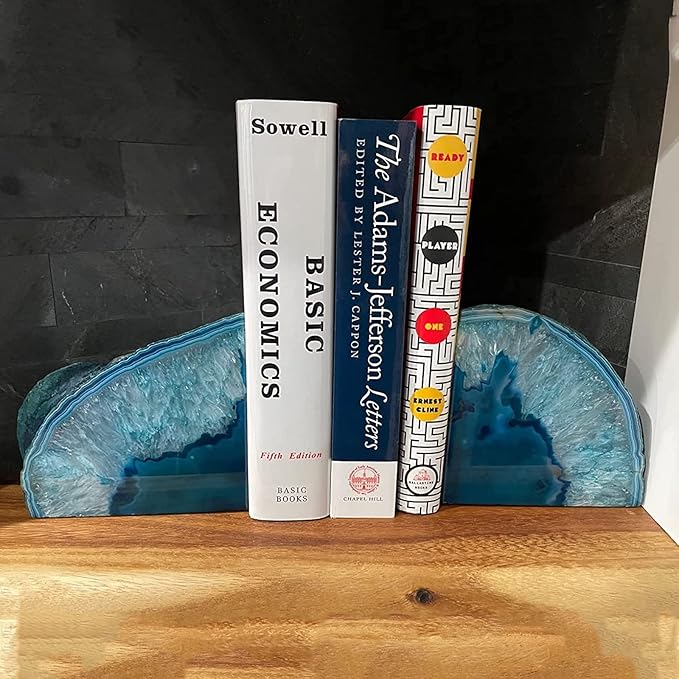 JIC Gem Crystal Bookends for Shelves Teal Agate Bookends Geode Book Ends to Hold Books Heavy Duty Bookends with Rubber Bumpers for Decoration(1 Pair, 6 to 8 Lbs)