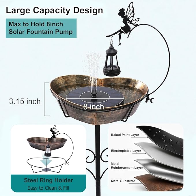 Goodeco Heart Bird Bath Stake for Outside - 135 fl oz Large Metal Birdbath with Solar Lantern and Fairy Garden & Patio Decor for Yard, Ideal Gifts for Bird Lovers, Romantic Mom's Present