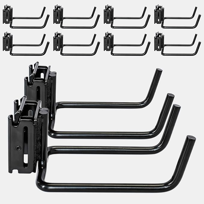 10-Pack E-Track Double Fitting J-Hooks, 4" Wide & 5.5" Deep Stable E Track Double J Hooks with Dual Fittings, Heavy Duty Shovel Hanger for Trailers, Trucks, Garden Tools Organizers Storage