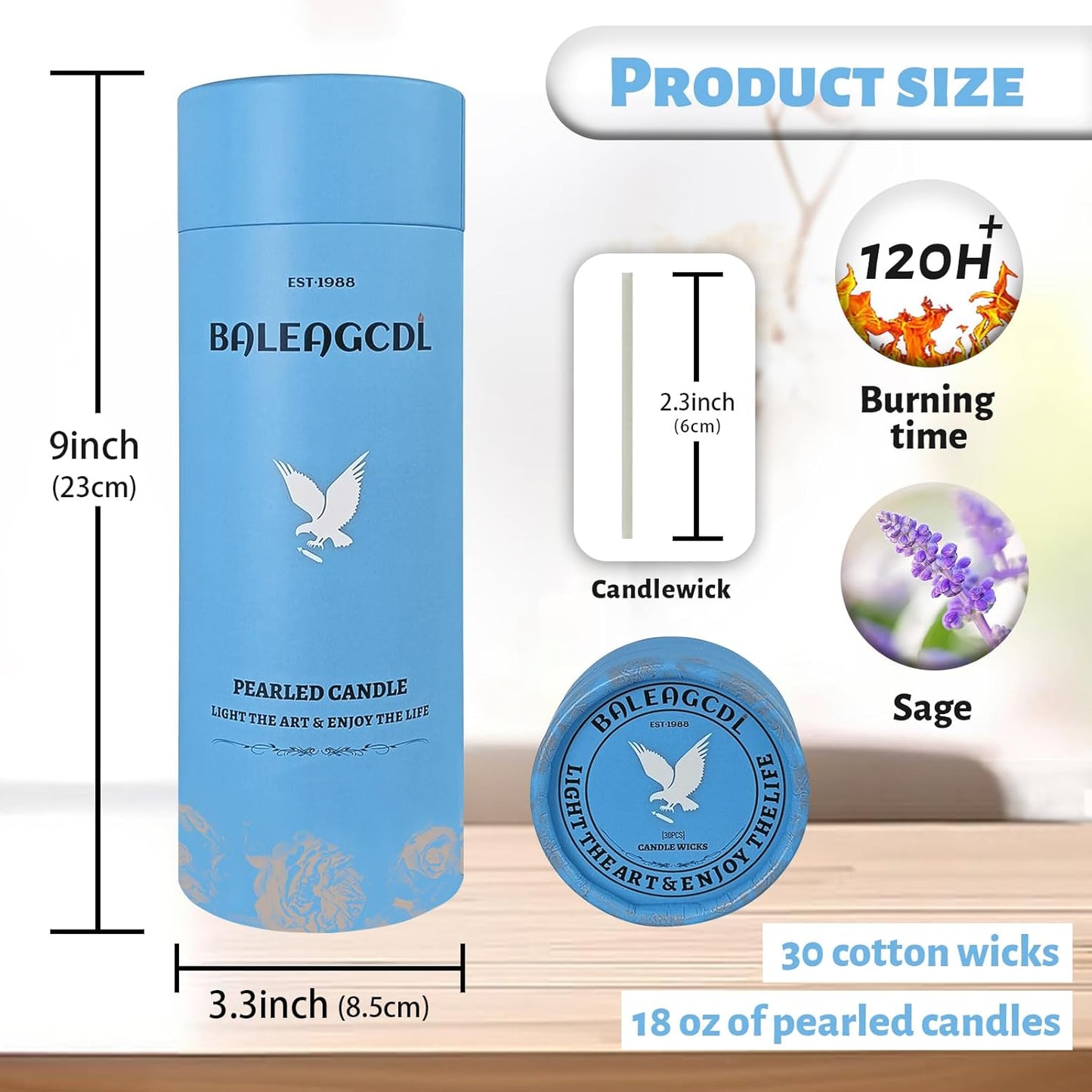 Salvia Scented Blue Pearled Candle 18oz Luxury Sand Candle Granulated Wax - 30 Cotton Wicks - Wax for Candle Making Decorative Candles Smooth and Clean Burning Lasts up to 120 Hours