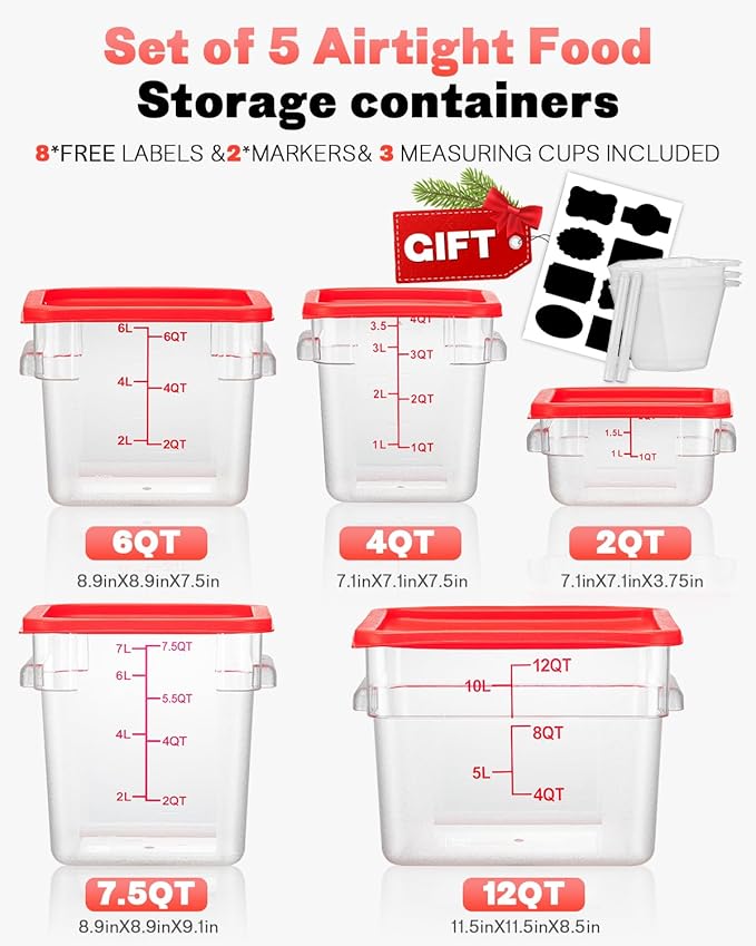 2QT4QT NSF Food Storage Containers: 8 PCS [Food Grade][Hot&Cold Resistant] Commercial Clear Square Food Storage Containers with Scales Handles for Home Restaurant Kitchen Proof Dough (Red)