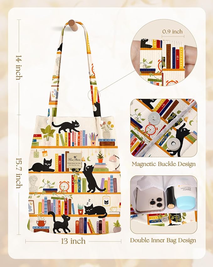 Miss Adola Corduroy Tote Bag for Women - Reusable Totes with Magnetic Buckle & Pocket Aesthetic Design Work Grocery Bags